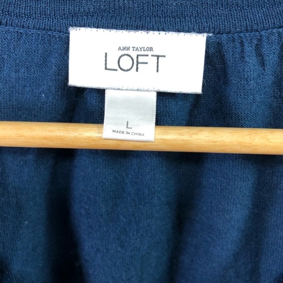 Loft Button Front Blue Cardigan Women's L Wool Blend Ruched Classic Feminine - Picture 10 of 12